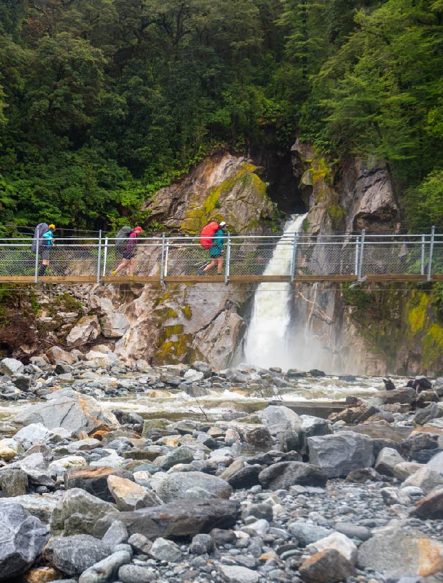 Hikers walking along a wire bridge and viewing Giant Gate Waterfall